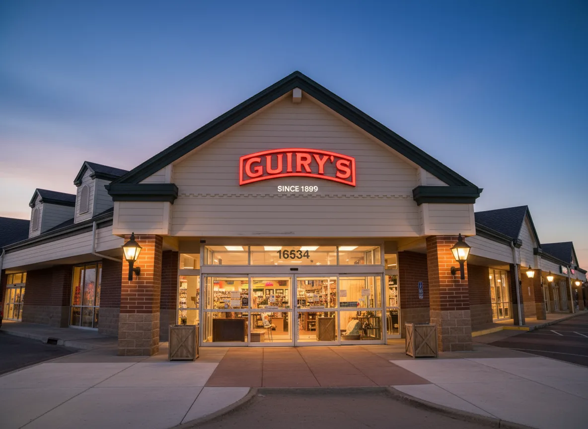 Guiry's paint and decorating storefront at dusk